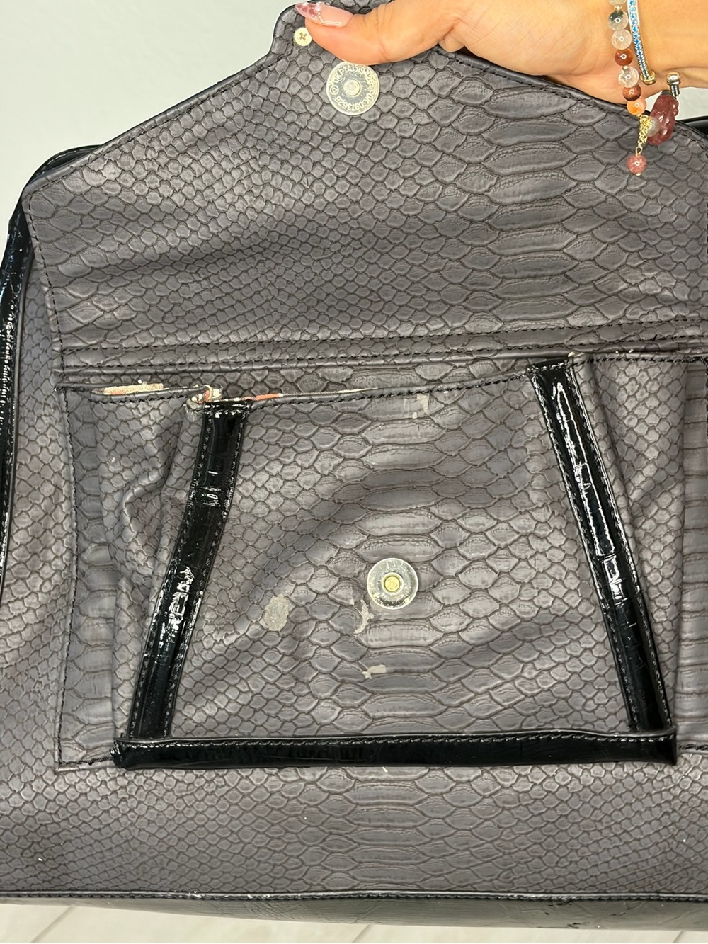 Guess Gray Snake-Texture Shoulder Bag with Black Patent Trim